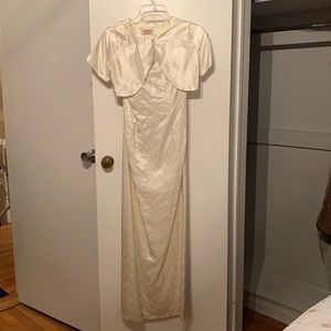 Cream Satin Prom Dress with Brocade Design